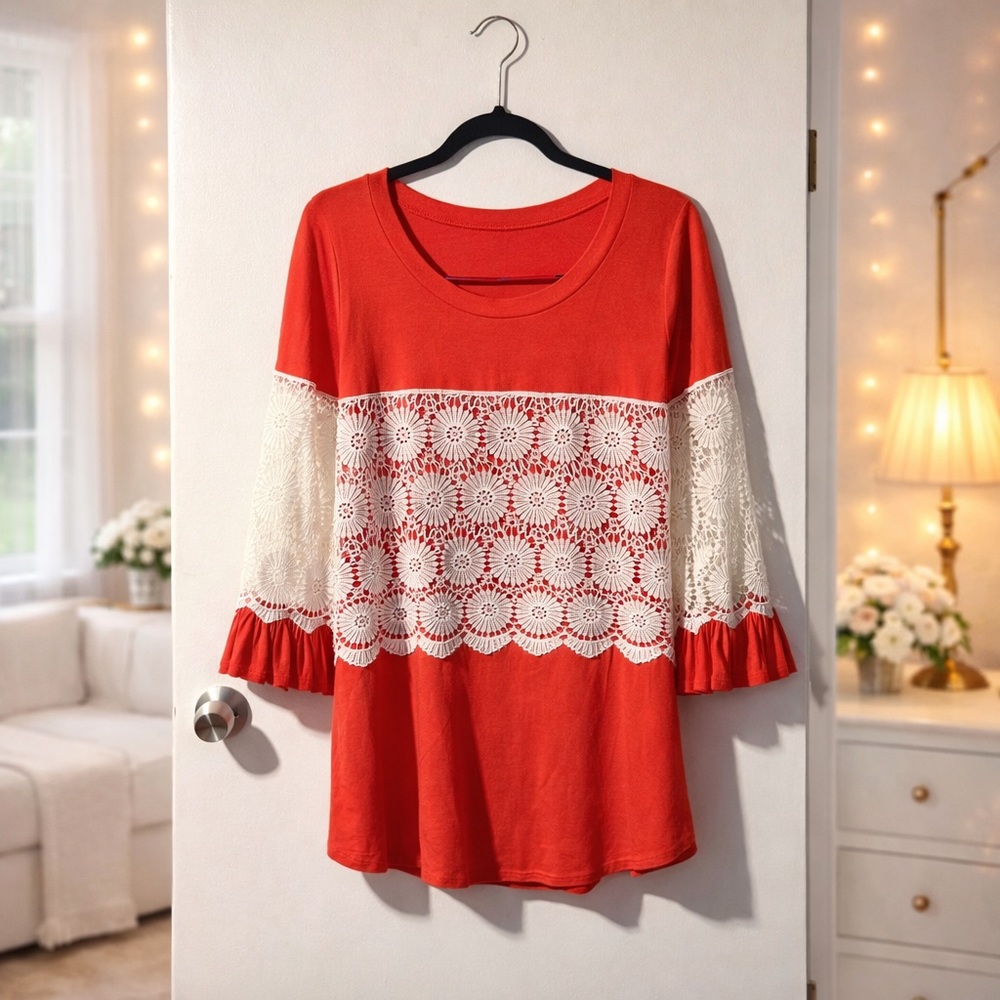 ✨ Romantic Bell Sleeve Top in Coral with Cream Lace Detail Size S